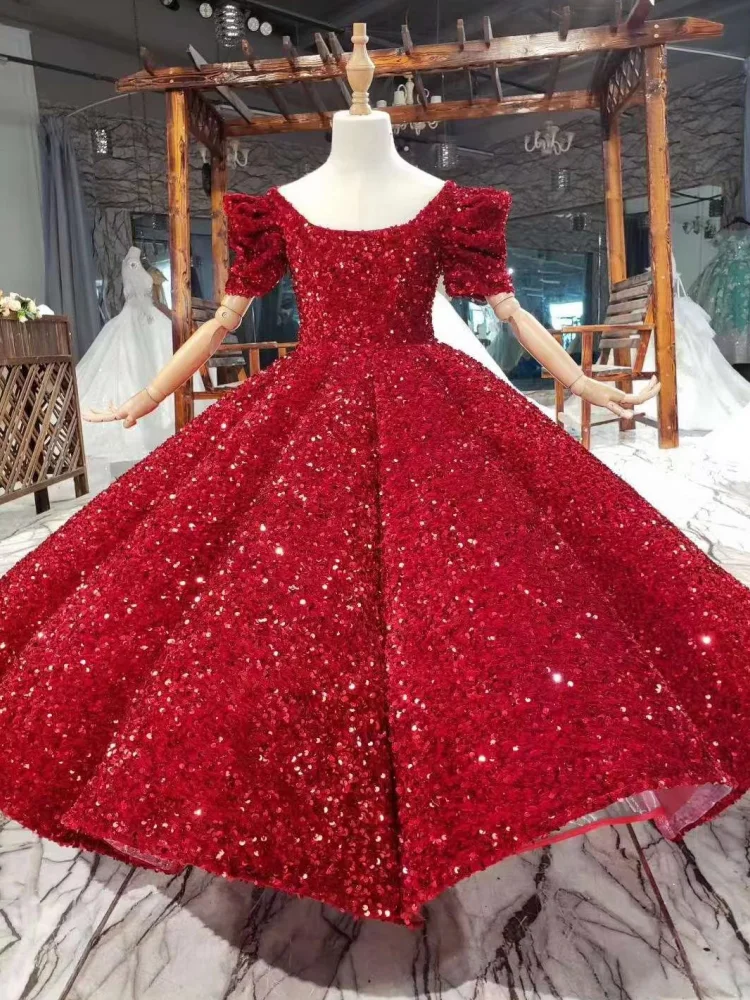 Customized Flower Girl Dresses Burgundy Sparkly Sequins Short Sleeve For Wedding Birthday Party Banquet Holy Communion Gowns