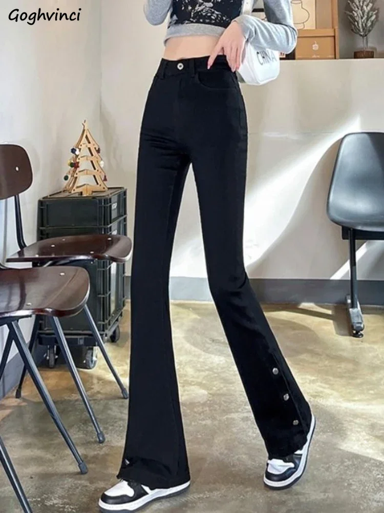 Black Pants Women Side-Slit Design Graceful Korean Style Trendy Button Casual Flare Trousers Slim All-match High Waist Spring