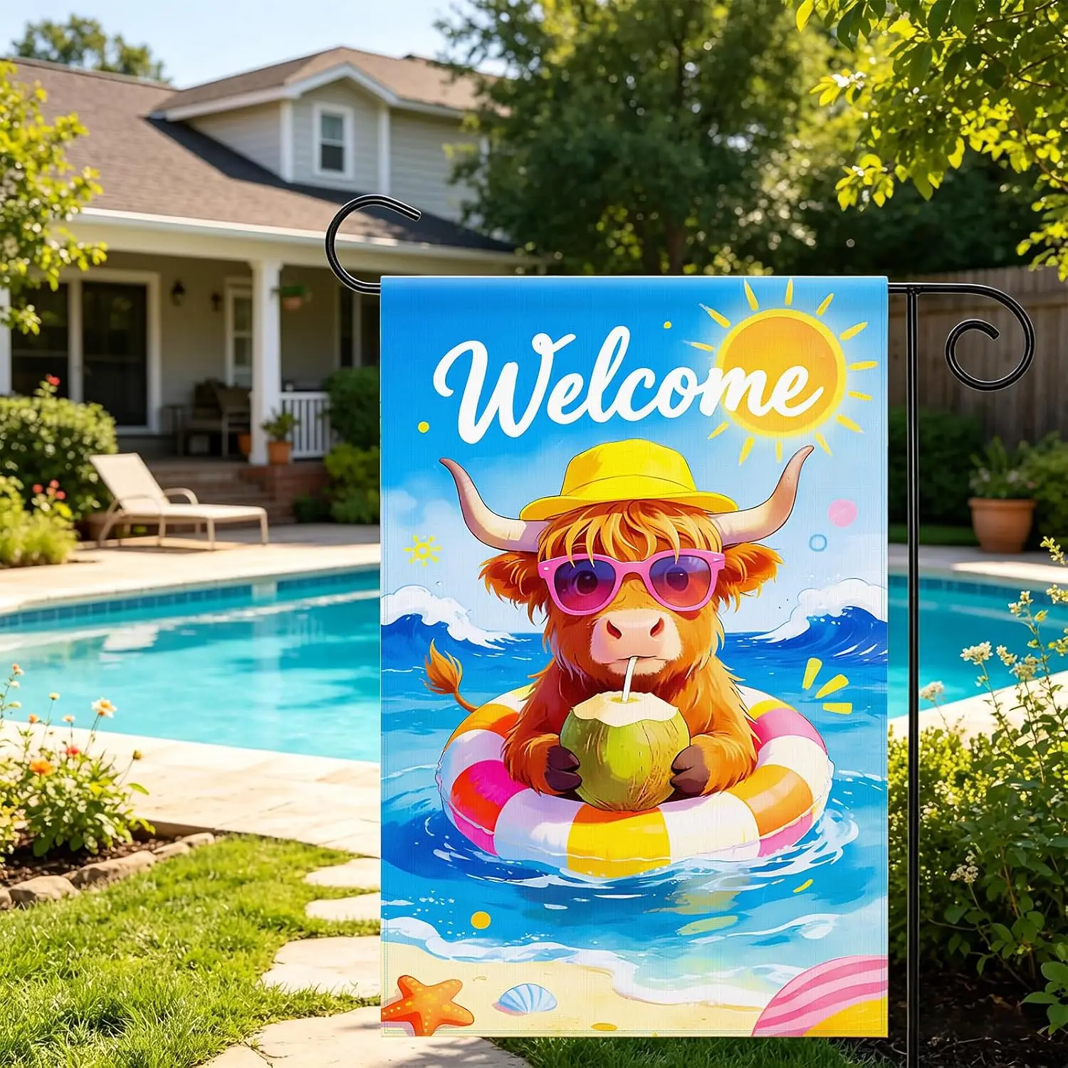 12 x 18 Inches Summer Welcome Cow Garden Flag – Double-Sided Highland Cow Floating Beach Pool Ring Coconut Drink Tropical Ya MMZ