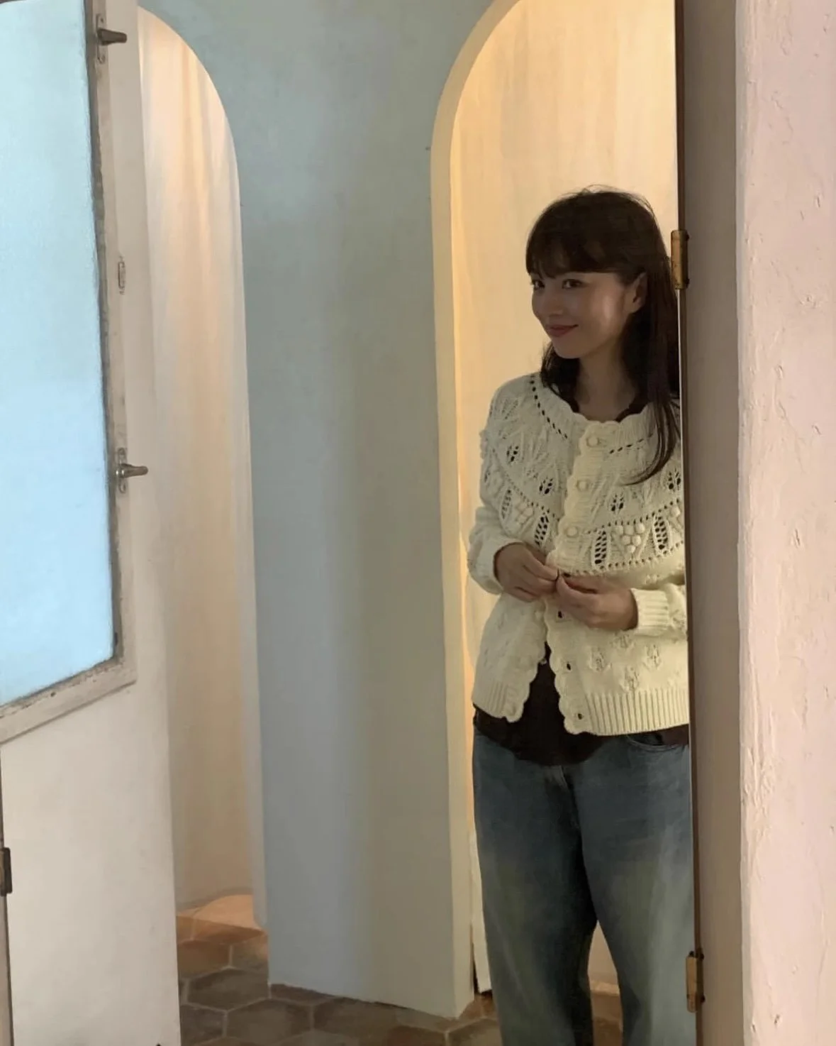 

Soft White Handmade Knitted Cardigan PREON Work Vintage Sle Commute Faion Loose Fit Pure Cotton Long Sve round Ne