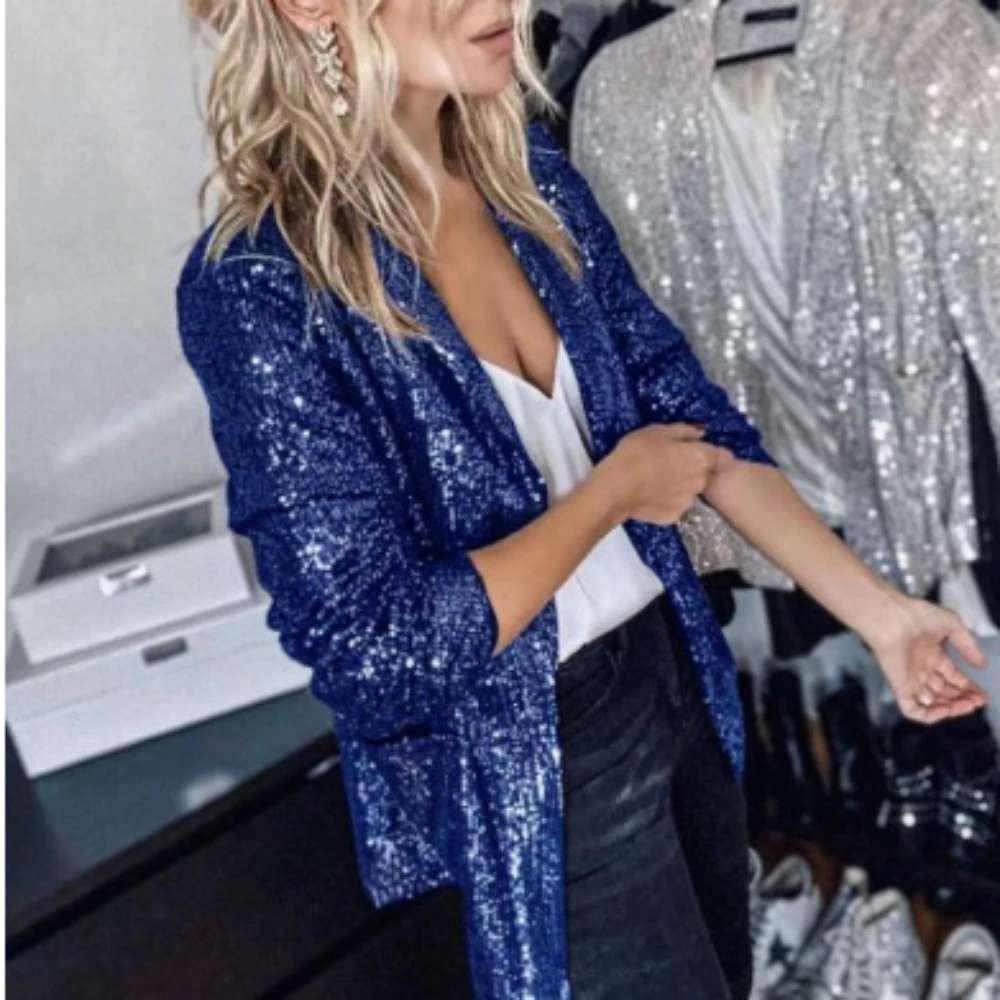 Sequin Blazer Jackets For Women Glitter Solid Color Lapel Suit Coat Double Pocket Streetwear Tops Elegant Ladies Office Wear