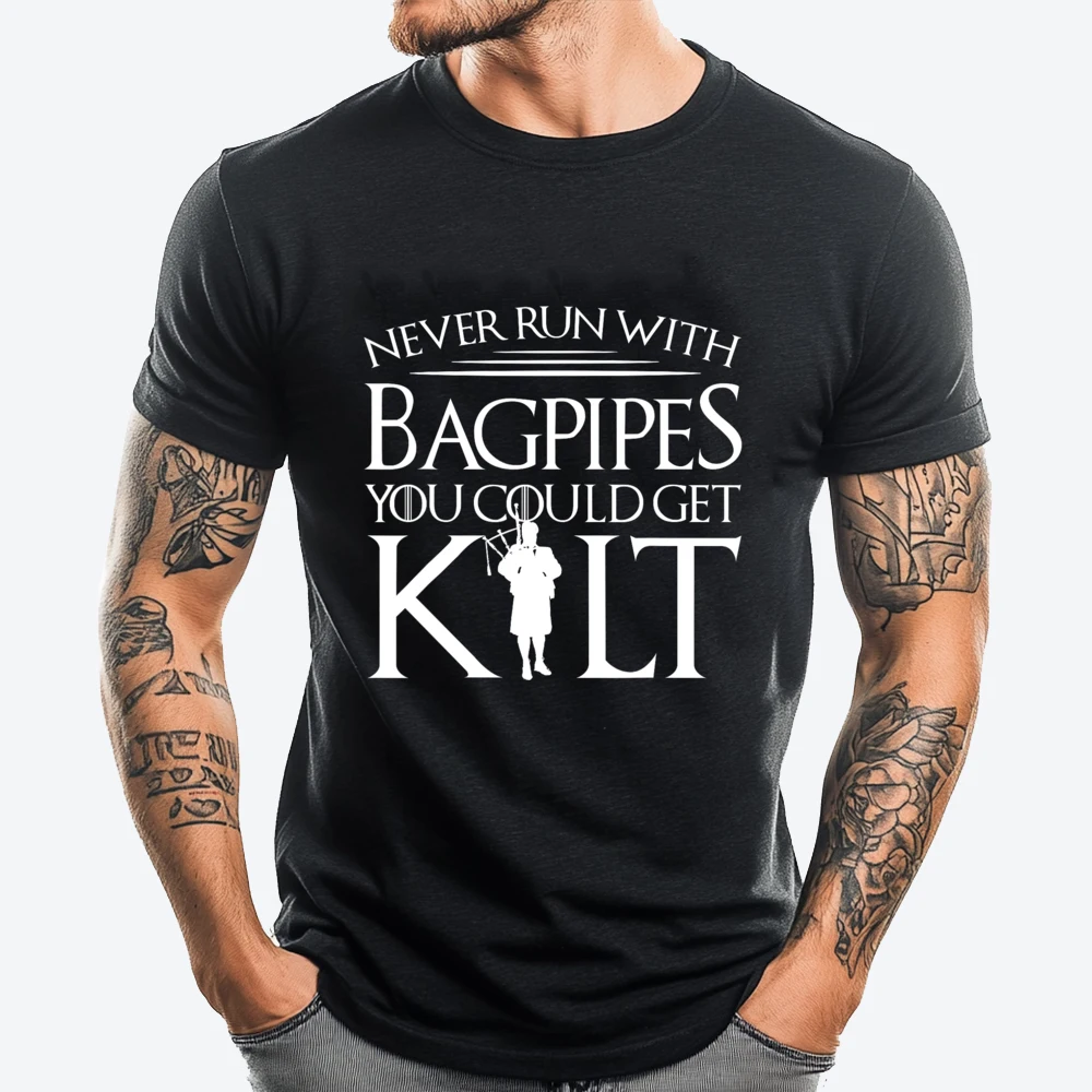 

Never Run With Bagpipes You Could Get Kilt Pink Graphic Tees Female Clothes Mardi Gras Clothing Mens T Shirt T Shirts