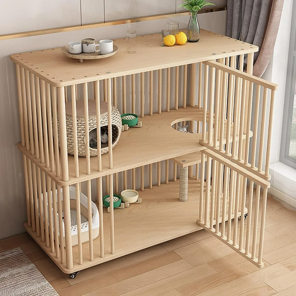 

2 Tiers Cat House with Scratching Post,Wooden Cat House Villa Cage for Cats Large Condos Cats Cage Box with Wheels Kitty Cage