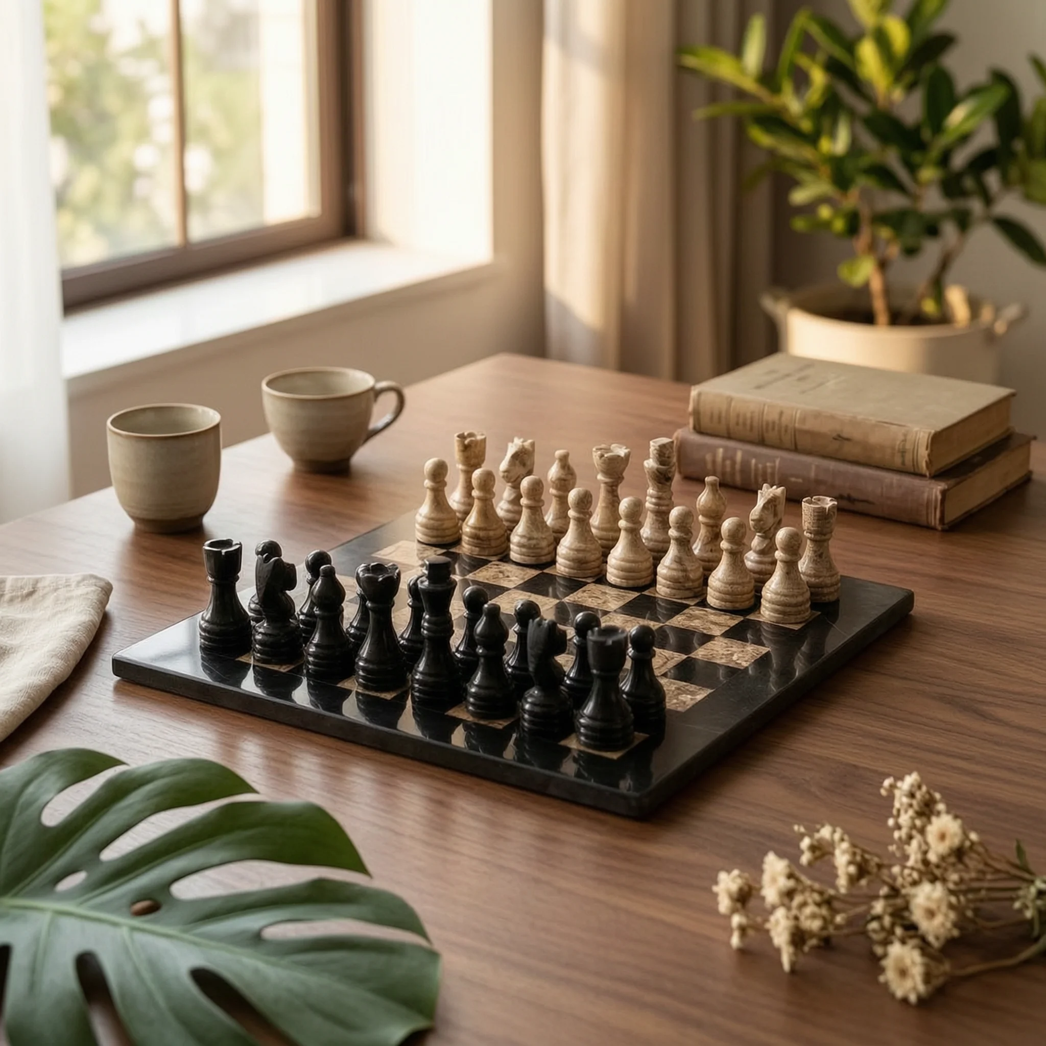 Chess Ornament with Chessboard Base Square Stone Chess Ornament Tabletop Sculpture Compact Decor Modern for Collectors, Study