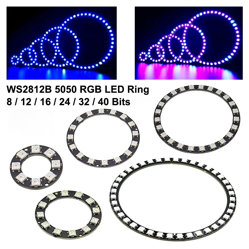1 Piece SMD5050 RGB Pixel WS2812 Smart LED Ring 8/12/16/24/32/40 Lamp Beads DC5V Power Supply Built-in WS2812B IC Black