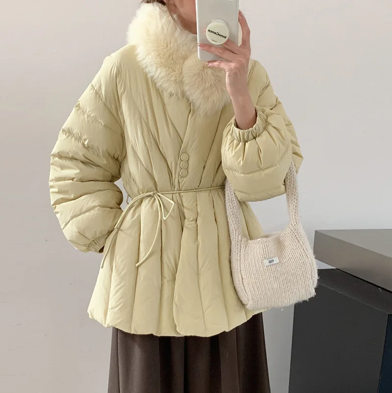 Real Fox Fur Snow Parka Medium-length Down Jacket for Women Winter Fashion Sweet and Thickened Waist-cinching Slim-fit Coat