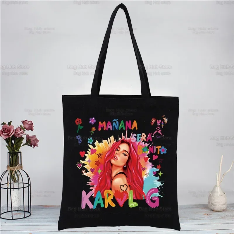 Karol G Bichota Manana Sera Bonito Music Singer Shopping Black Canvas Tote Bag Cartoon Reusable Cloth Bag Handbag Shoulder Bags