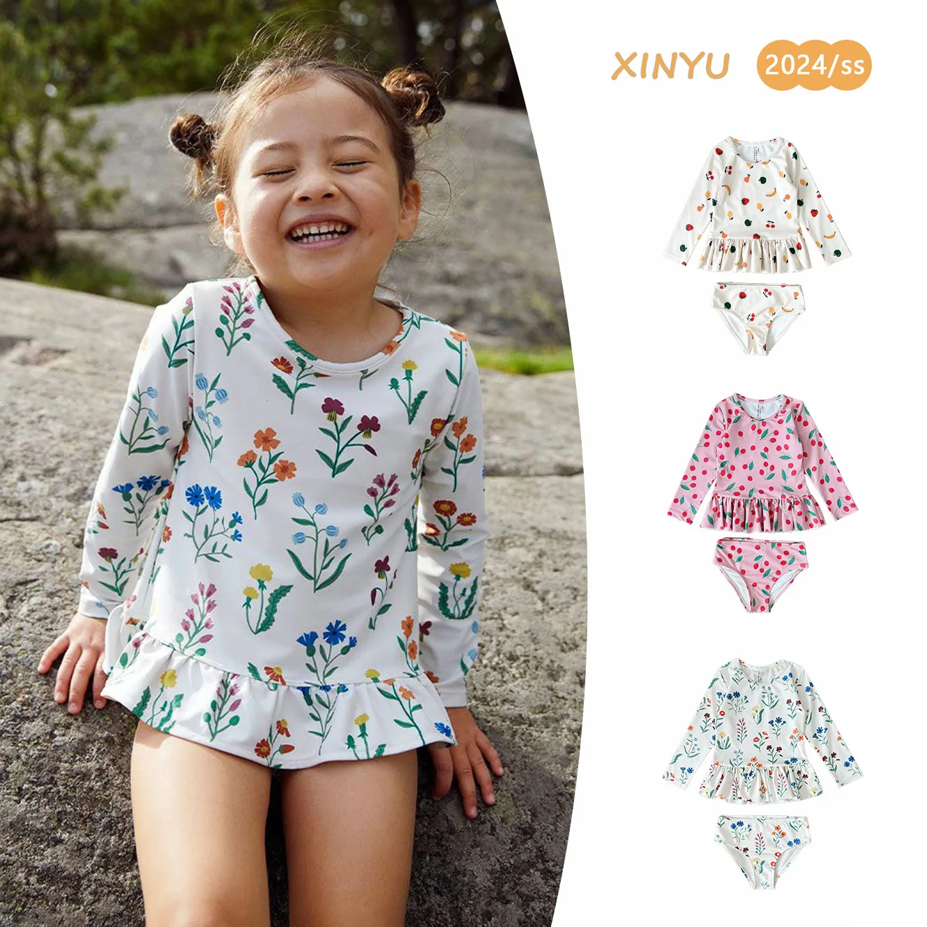 

Girls Swimsuit 24 Summer Floral Fashion Long-sleeved Sunscreen Girls Swimsuit Quick-dry Two-piece Beachwear Children's Clothing