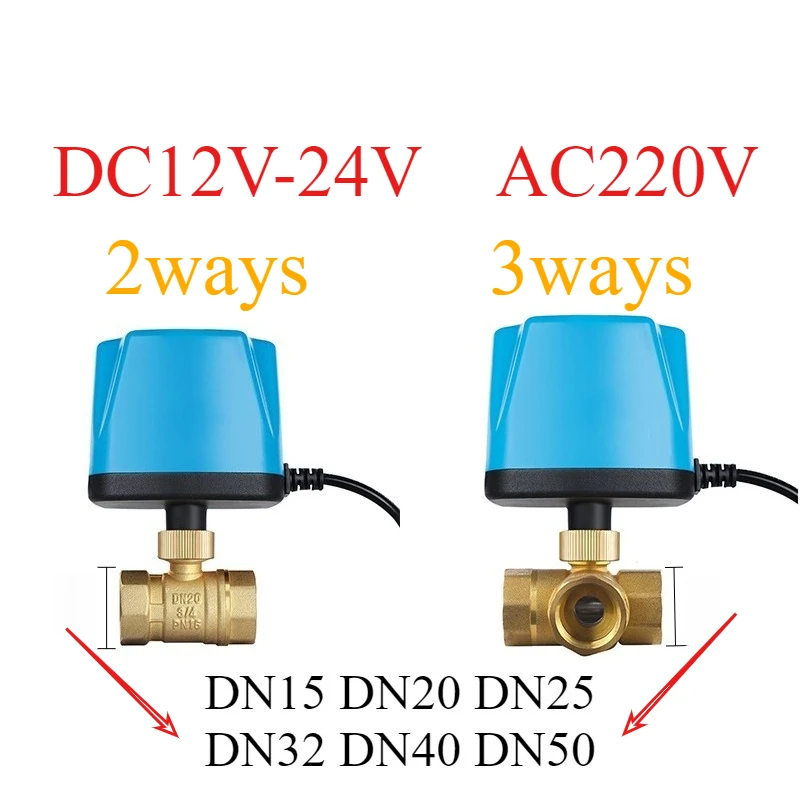 DN15 DN20 DN25 DN32 DN40 DN50 2ways 3ways DC12V-24V AC220V Motorized Brass Ball Valve 3 Wires 2 Control Electric Ball Valve