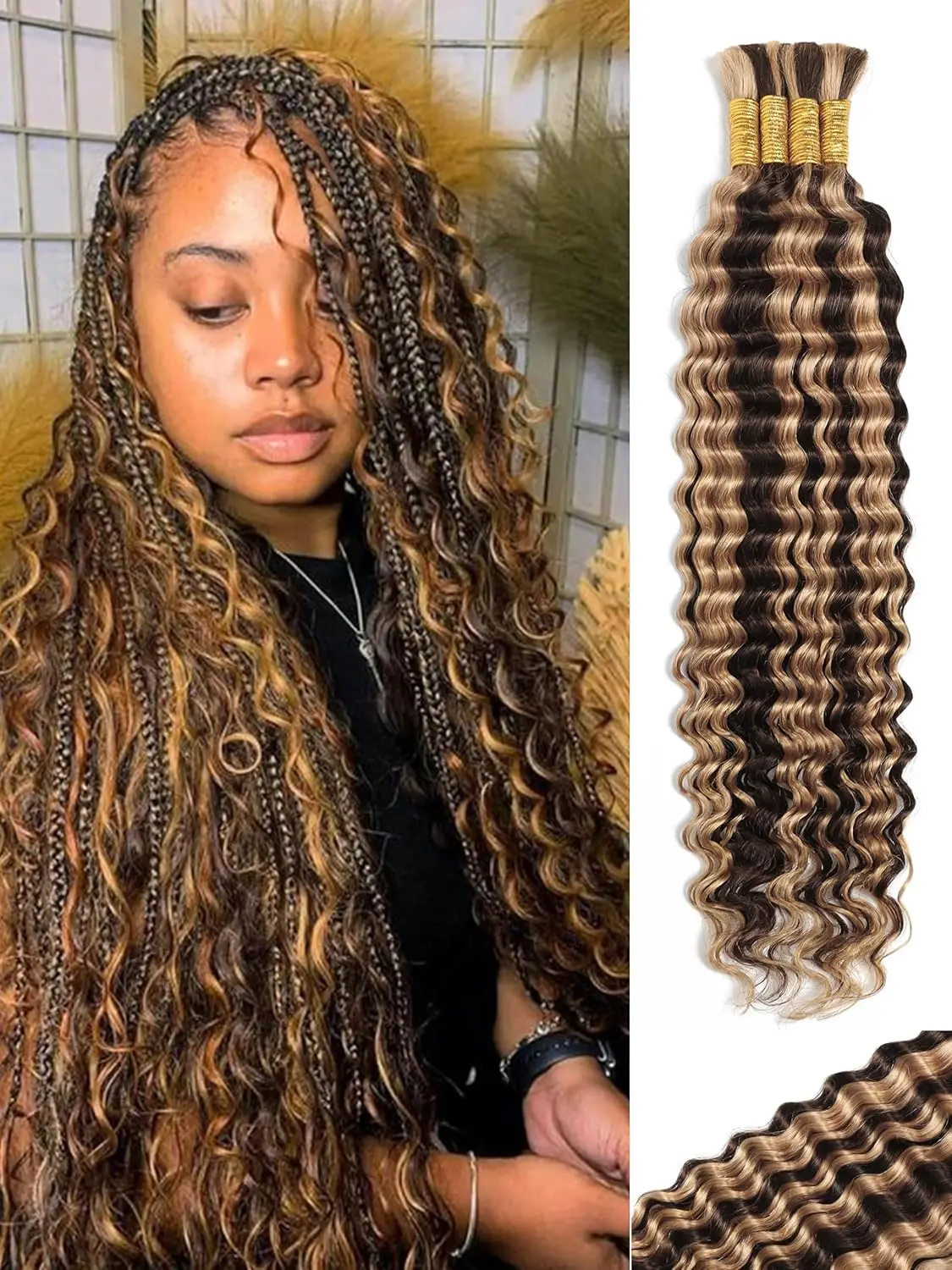 تسليط الضوء على 4/27 تجديل الشعر البشري بدون لحمة 28 بوصة مجعد موجة المياه العميقة الشعر البشري السائبة لضفائر بوهو الملونة الشوكولاته البني #1