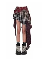 Vintage Fashion Grunge Plaid A-line Skirt Summer Women High Street Sexy Slim Mini Skirt Asymmetrical Y2k Streetwear Clothes New