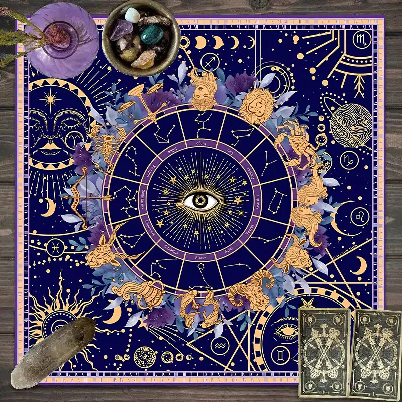 VIKAMA Zodiac Wheel & All-Seeing Eye Tarot Tablecloth, 6 Designs, Square Velvet Altar Cloth for Divination