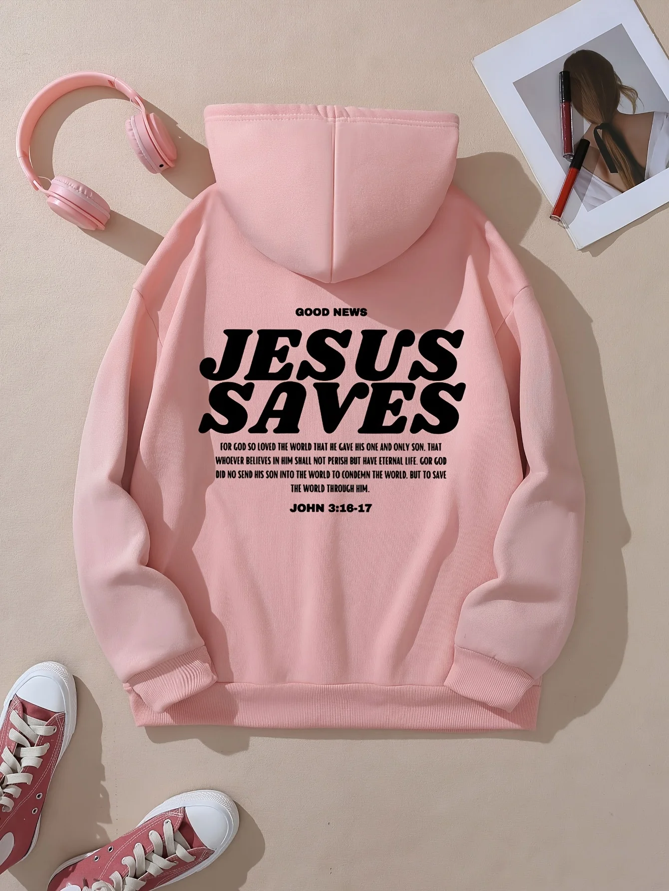 سترة أنيقة بغطاء للرأس مطبوعة بحروف من Jesus Saves مع سويت شيرت كاجوال برباط وأكمام طويلة وجيب Harajuku للجنسين