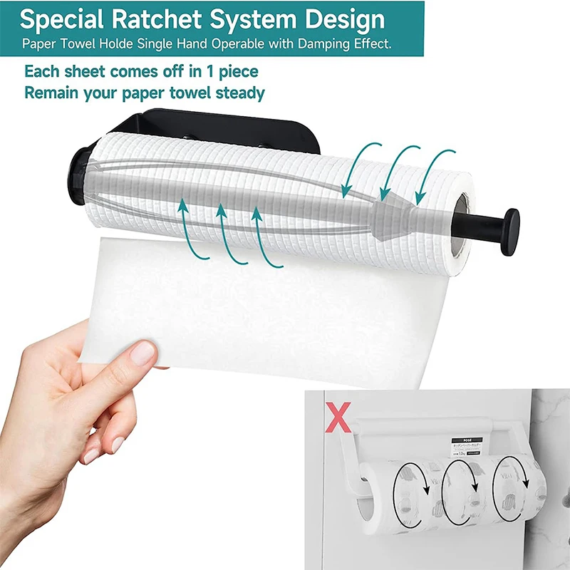 Portarrollos de cocina debajo del gabinete, autoadhesivo o perforador negro, portarrollos de cocina montado en la pared para baño y cocina