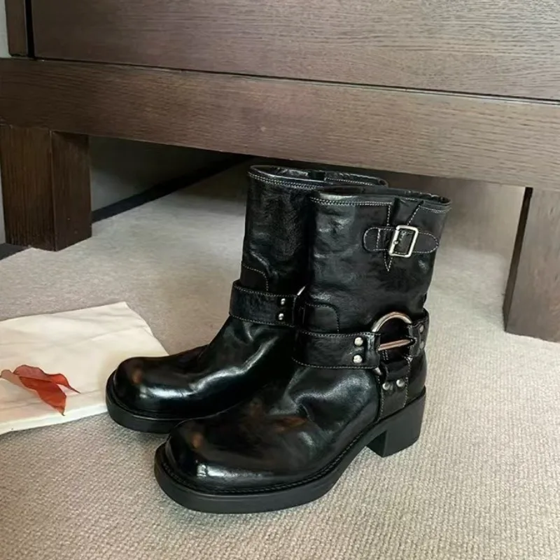 

New Retro Womens Shoes Luxury Genuine Leather Ankle Boots for Woman Fashion Platform Motorcycle Boots Designer Shoes Botas Mujer