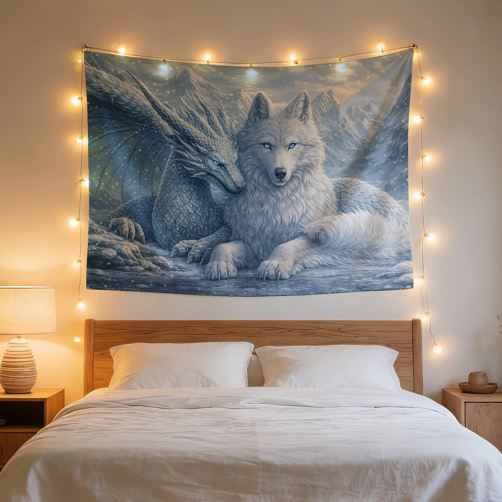Snow Mountain Wolf Dragon Tapestry, White Wolf and Ice Dragon Myth Scene,Cool Fantasy Animal Wall Hanging for Bedroom Home Decor
