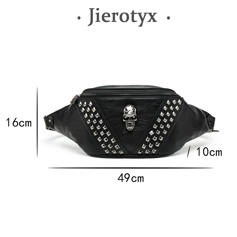 JIEROTYX Chest Bag for Women Crossbody Punk Style Rivet Skull Waist Bag Women Black Fanny Pack Leather Great Quality