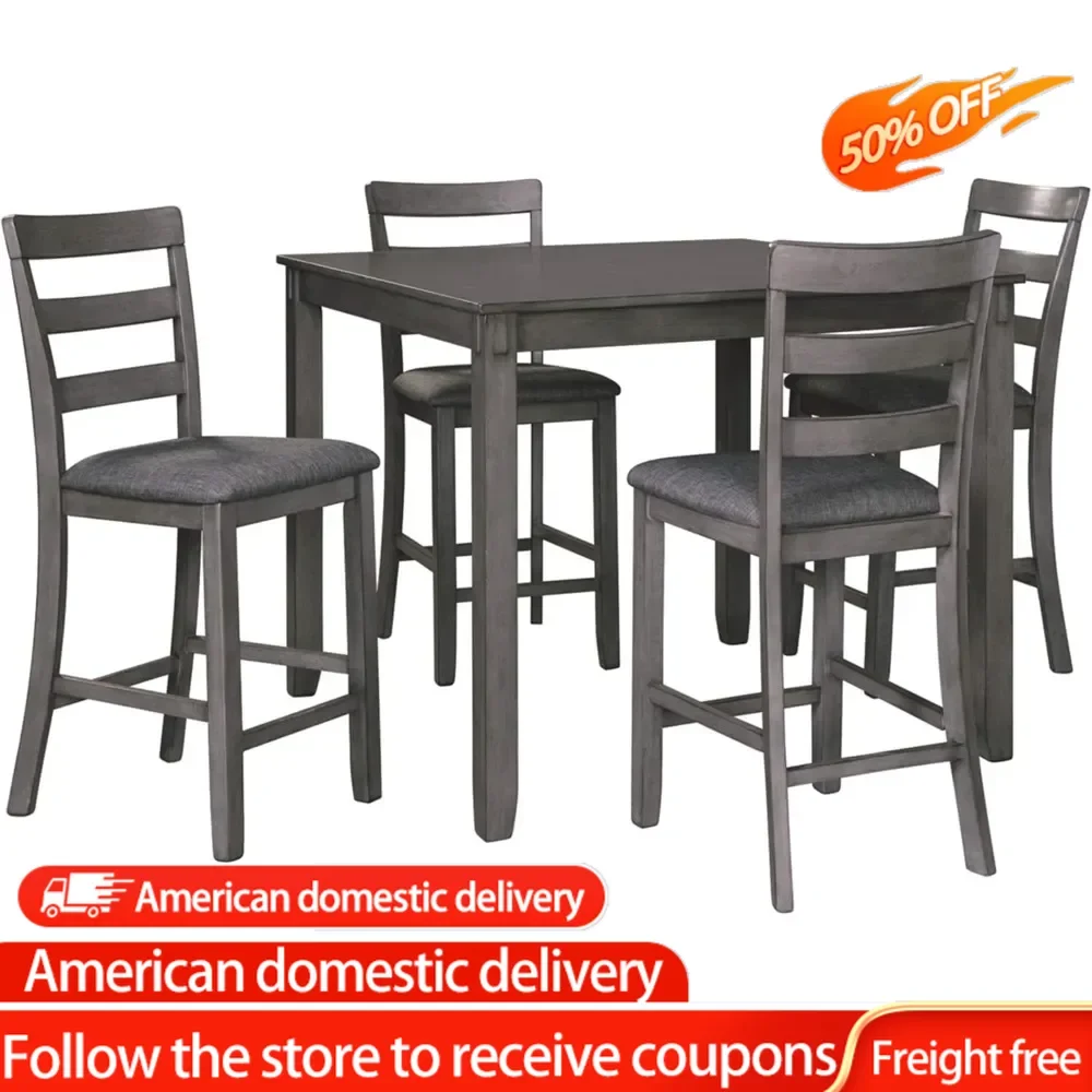 

5 Piece Counter Height Dining Room Set, Includes Table & 4 Bar Stools, Gray,Measures 42.25" W x 42.25" D x 36" H to fit space