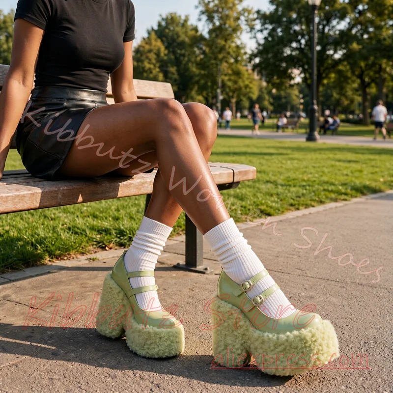 Fluffy Platform Mary Jane Shoes Women Double Strap Buckle Round Toe Chunky Sole Y2K Alt Subculture Footwear Party Street Daily