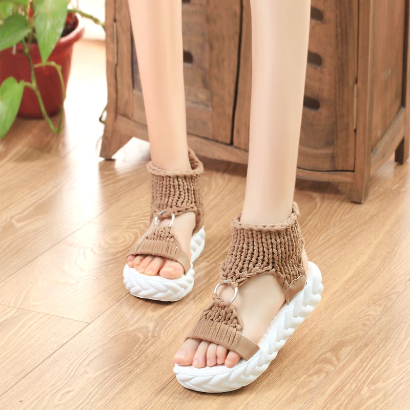 Women Knitting Gladiator Sandals Summer New Wool Shoes Thick-bottomed Sandals Solid Ladies Platform Sandali