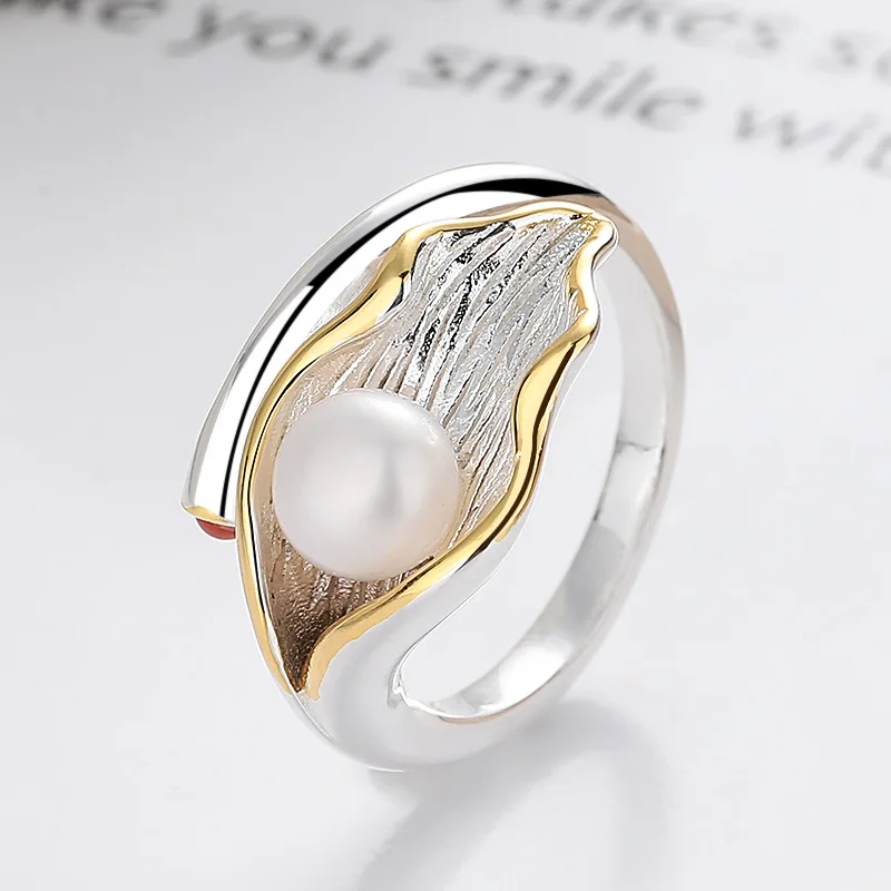 BOCAI New S925 Silver Jewelry Retro and Exaggerated Set With Pearls Color Blocking Leaves Engagement Ring Women's Selected Gift