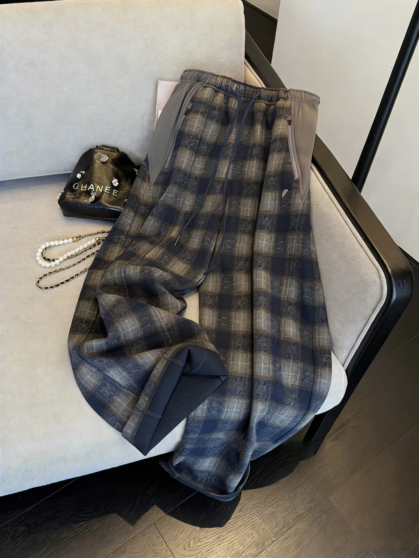 

Свободные удобные синие повседневные брюки в клетку с завязками, женские весенне-осенние винтажные свободные утягивающие широкие брюки с высокой талией