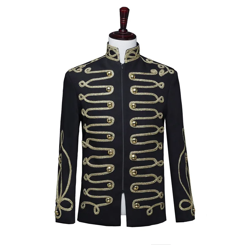

Blazer Men Black Inlaid with Gold Zipper Gentleman Court Military Uniforms DJ Nightclub Vogue Compere Coat Hairstylist Coat