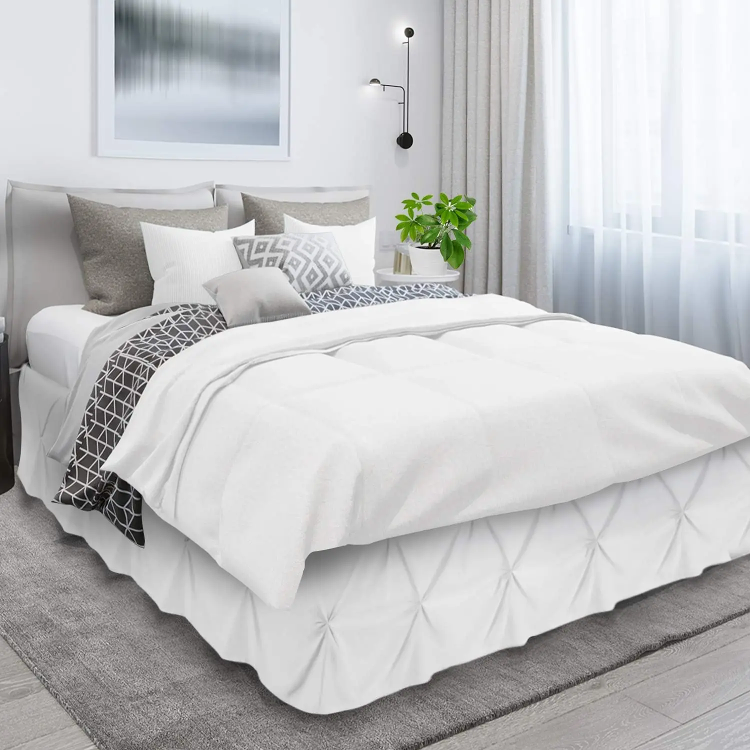 1PC Hotel Quality White Bed Skirt Elastic Pinch Pleat 14 Inch Drop Premium Wrap Around Bed Sheet for Queen Bed Spring Platform