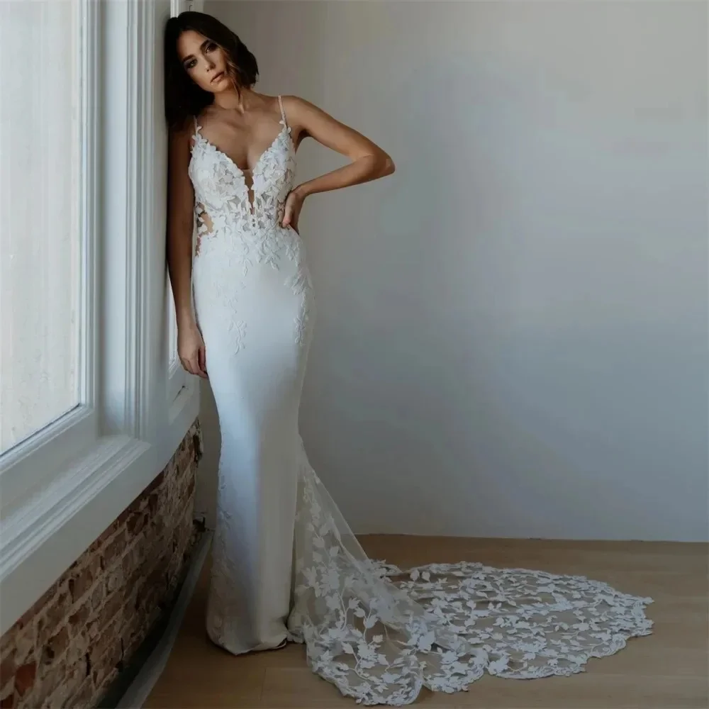 بوهو الخامس الرقبة حورية البحر فستان الزفاف مثير السباغيتي الأشرطة عارية الذراعين الدانتيل طول الأرض فستان زفاف الشاطئ Vestidos De Novia