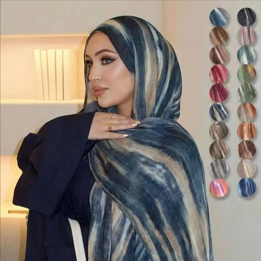 Rainbow Striped Print Rayon Modal Headscarf Hijab For Women Tie-dyed Ombre Crinkle Rayon Scarf Shawl Muslim Headwrap Ramadan Eid