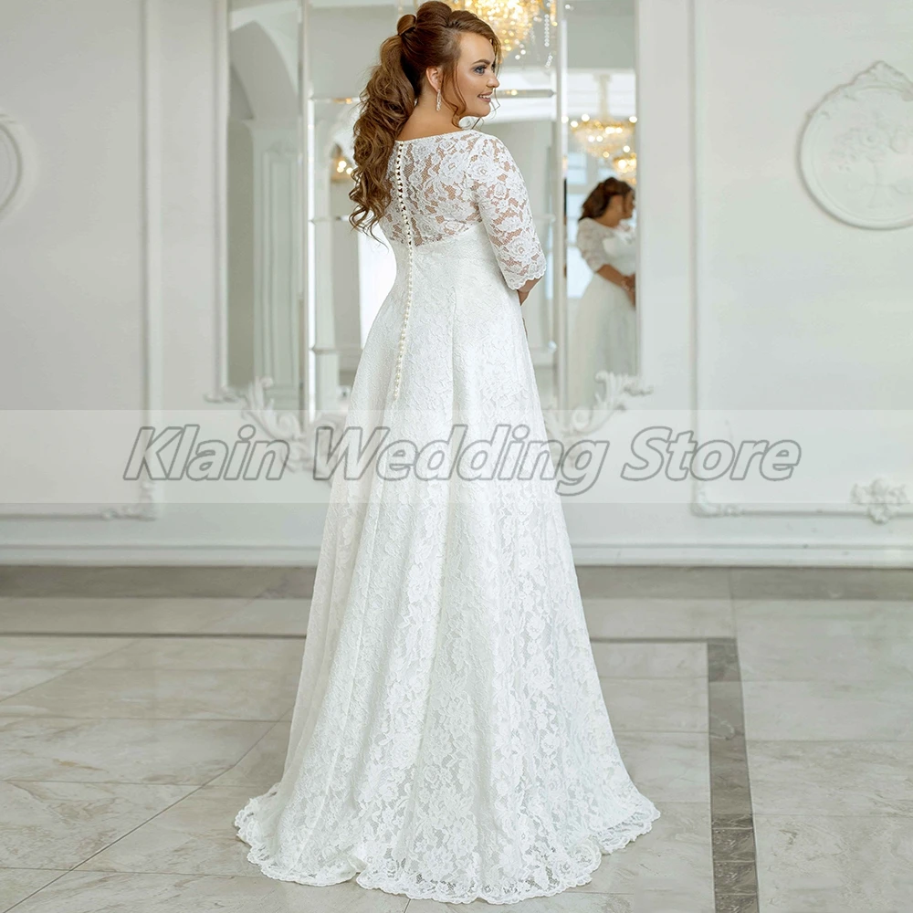 Customized Weilinsha Plus Size Lace Wedding Dresses Half Sleeves Scoop Corset Sweep Train Button Back A-Line Bridal Robe De Mari