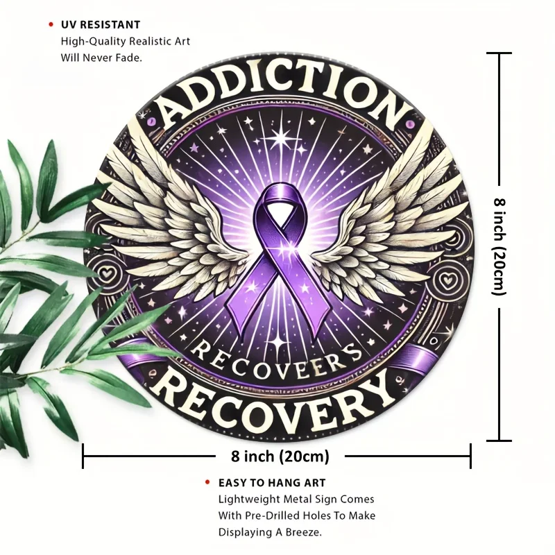 HD Tin Sign, Addiction Recovery Purple Ribbon Wings Round Metal Wall Art, Sobriety Awareness Decor