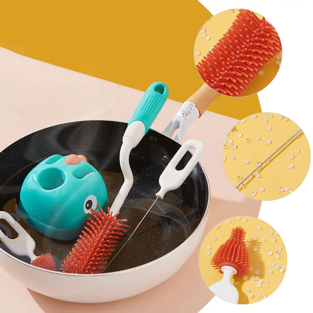 1Set Baby Bottle Brush Set Premium Straw Pacifier Cleaner Bottle Cleaning Brushes Cup Brush Organizer Stand Portable