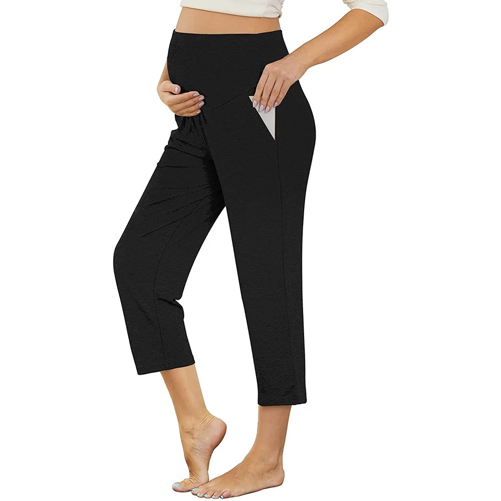 Wide Leg Maternity Yoga Capris Over The Belly Stretch Pregnancy Cropped Pants with Pockets