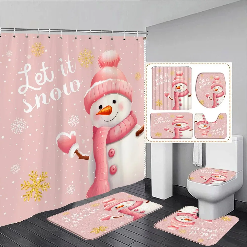 

Cute Snowman Shower Curtain Set Winter Forest Xmas Trees Snowflake Pink Christmas Decoration Bathroom Bath Mats Toilet Lid Cover