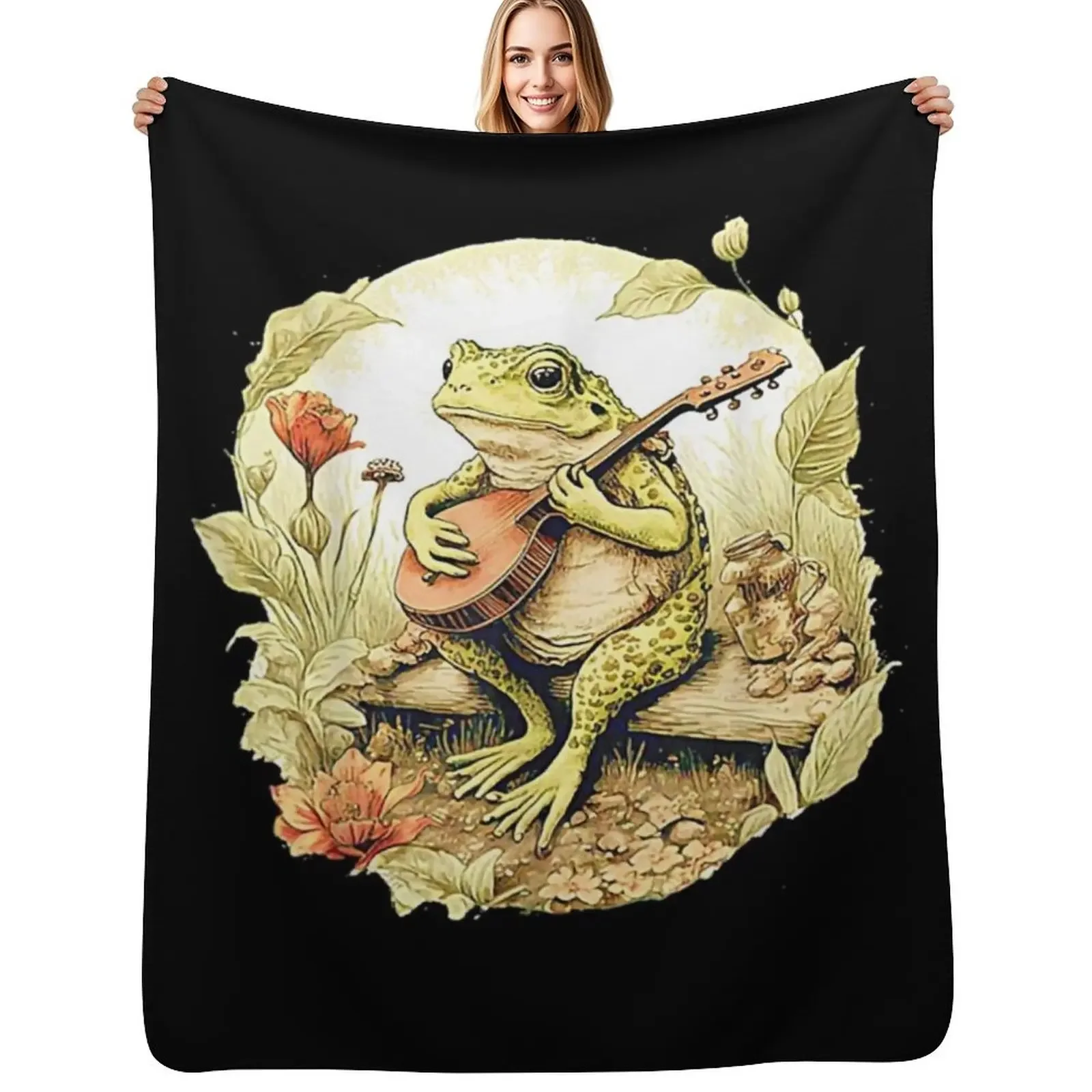 

Frog Playing Banjo On Log, Funny Cottagecore Aesthetic Frog With Musical instrument Throw Blanket Personalized Gift Blanket