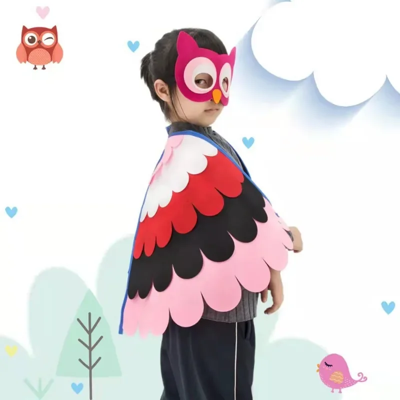 Kids Cosplay Costume Stage Performance Owl Peacock Butterfly Wings Bird Felt Cape with Mask for Girls Boys Halloween Party Cloak