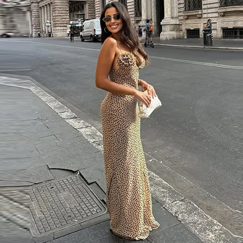 HXAO Abito sottoveste a pois Abiti da donna Estate 2025 Abiti da sera Abito lungo Boho floreale con scollo a V senza maniche Abiti senza schienale