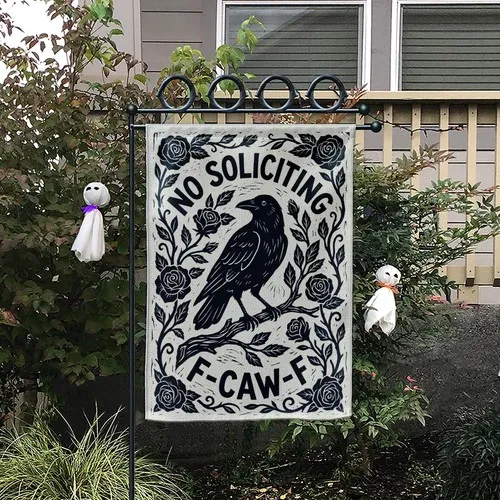 No Soliciting Crow Garden Flag - Gothic Raven Crow Flower Burlap Yard Decor Sign IIX