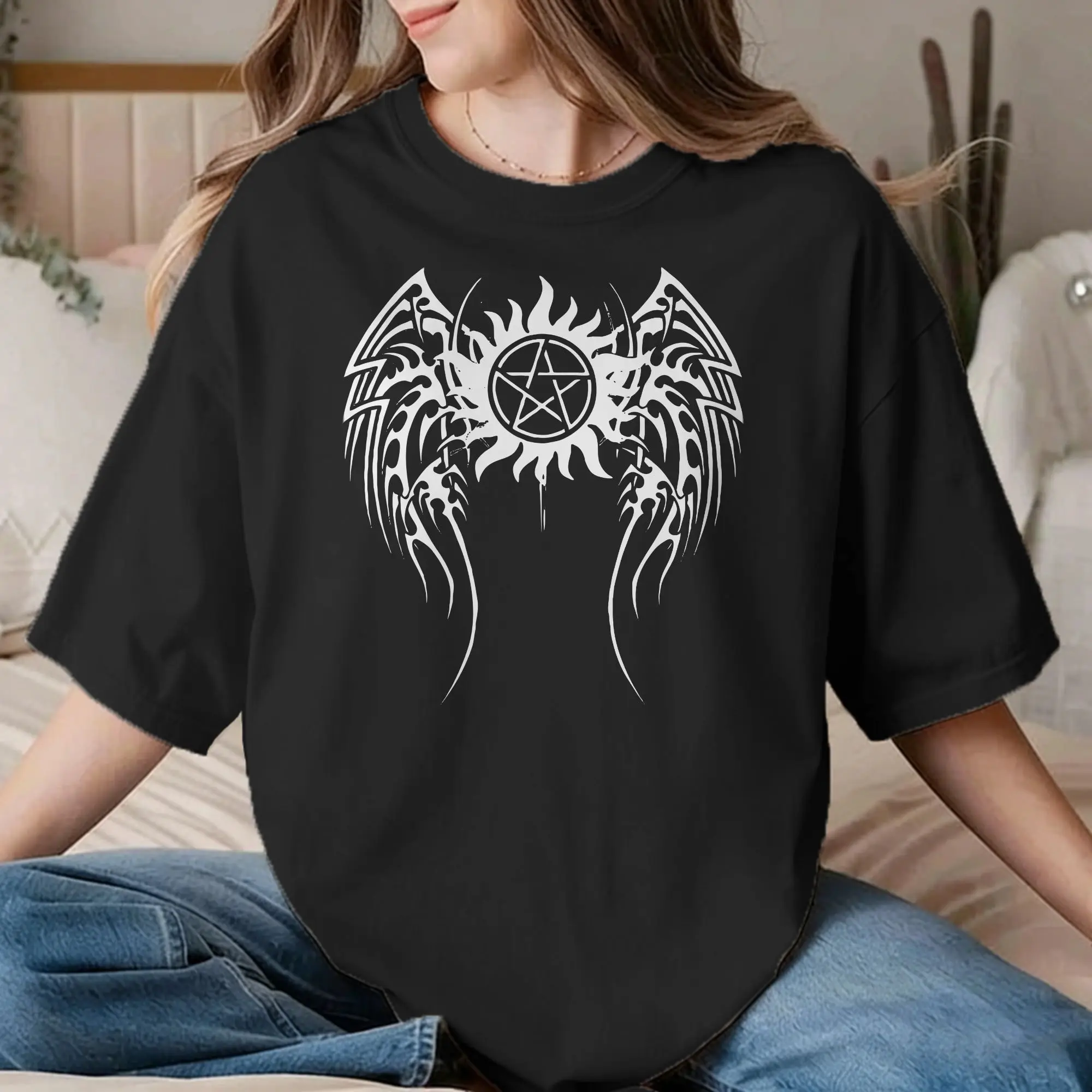 Funny Supernatural T-Shirts Men Women's O Neck 100% Cotton T Shirts Lucifer Black Satan Demon Devil Tee Shirt Printed Clothing