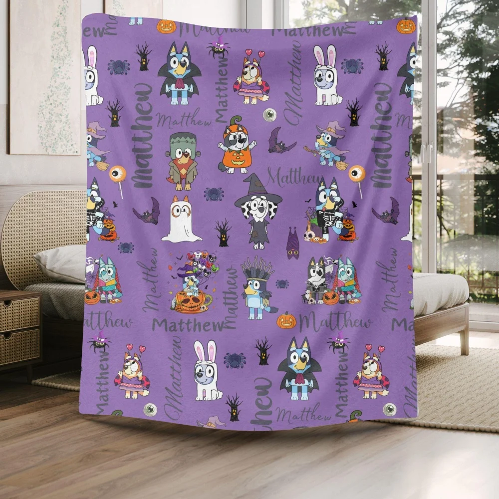 Custom Name Halloween Throw Blanket Fleece Cute Cartoon Animal Character Dress‑up Pumpkin Bat Ghost Soft Kids Sofa Bed Blanket