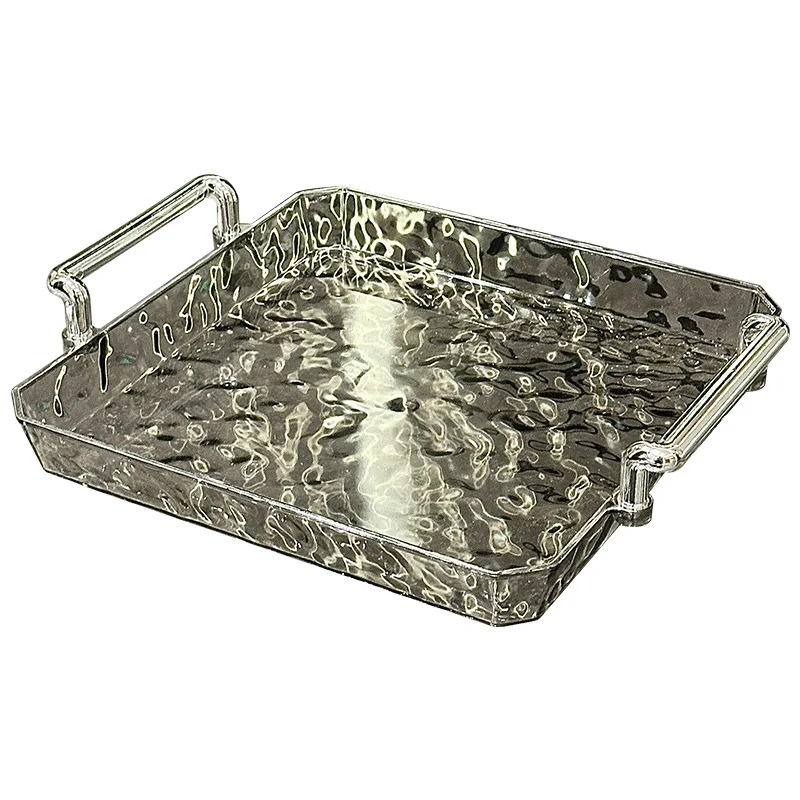 Silver Edged Water Ripple Tray Rectangle Household Living Room Tea Cup Water Cup Tray with Handrail Fruit Dim Sum Storage Tray