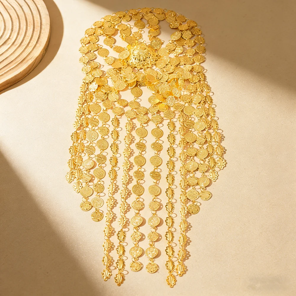 Sparkling Vintage Ethnic Long Head Chain, Gold Carved Coin Multi-Layer Tassel Embellished For Ethnic Party Stylish Look image 4