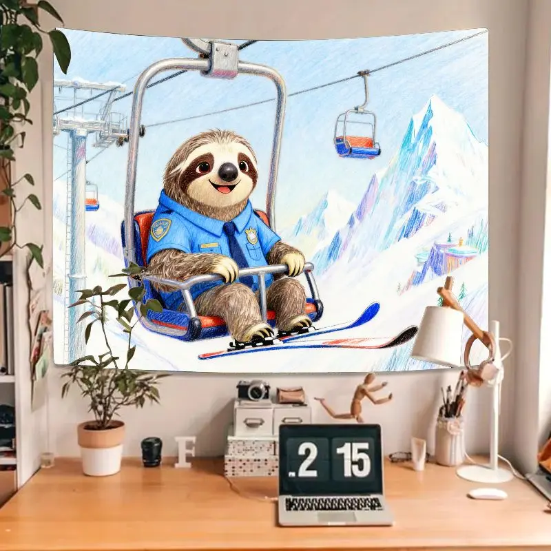 ผ้าแขวนผนังลายสลอธตำรวจเล่นสกีสุดน่ารัก 1 ชิ้น ภาพการ์ตูนภูเขาฤดูหนาว งานศิลปะติดผนัง ทำจากโพลีเอสเตอร์ ของตกแต่งบ้านสำหรับห้องเด็ก