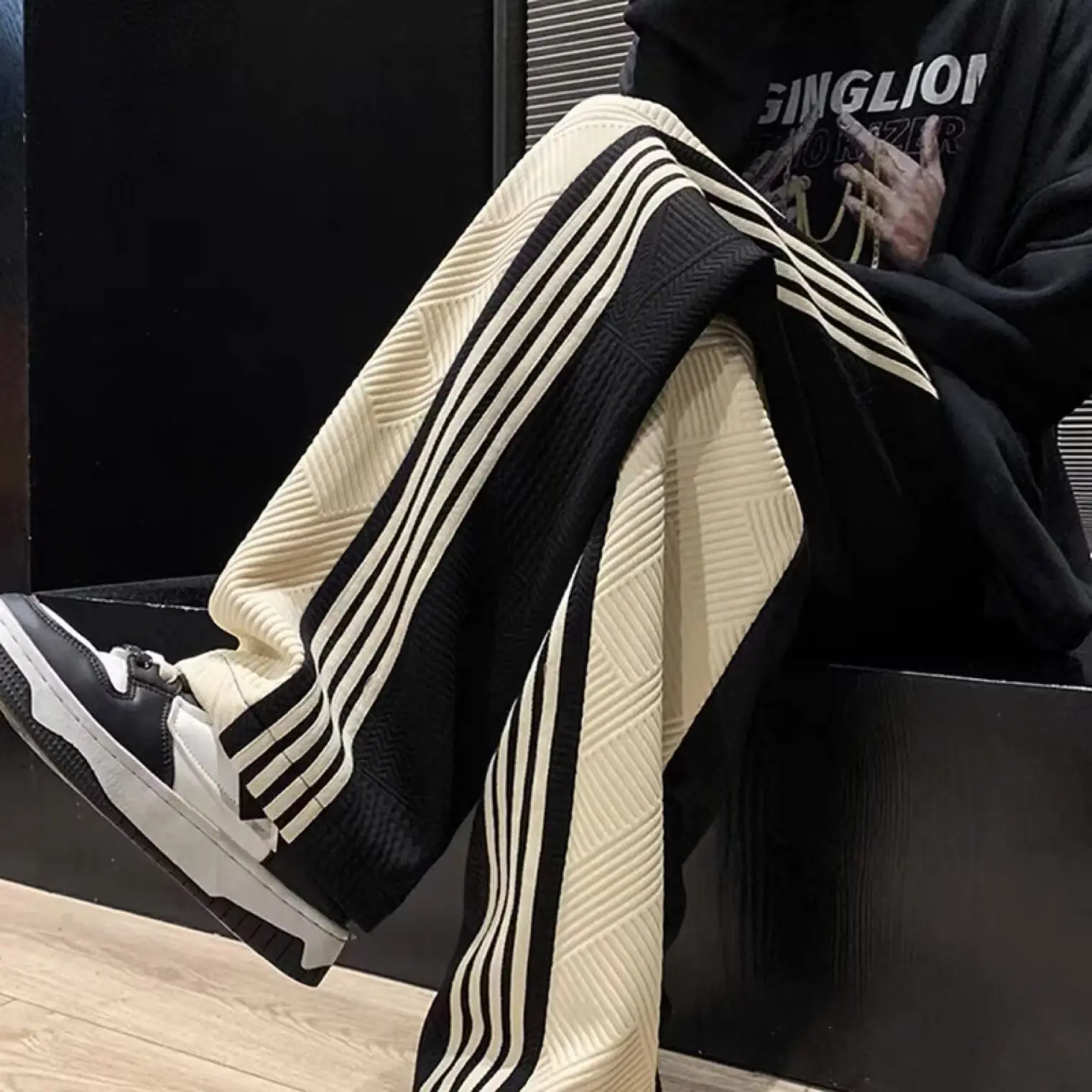 

Casual pants men's patchwork contrasting stripes spring and autumn loose oversized straight leg wide leg pants trendy sports swe