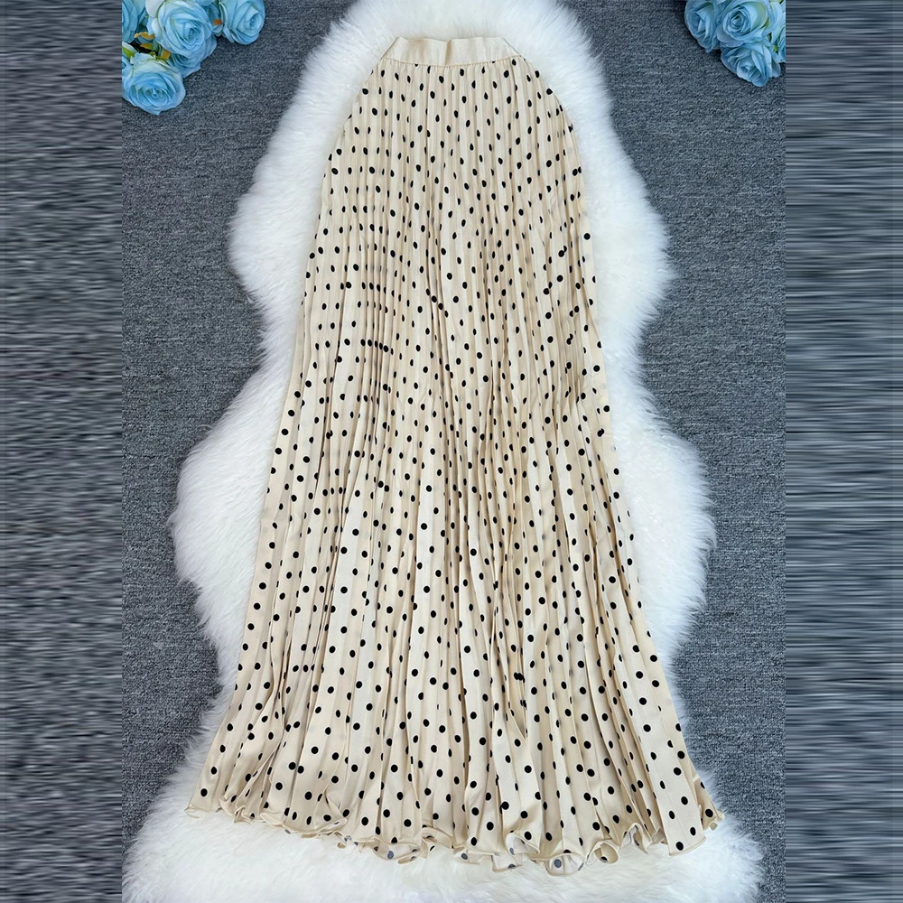 جديد ارتفاع الخصر التنانير الطويلة النسائية 2026 ماكسي مطوي تنورة النساء الملابس الأنيقة مكتب سيدة الموضة لامع نقطة تنورة #5