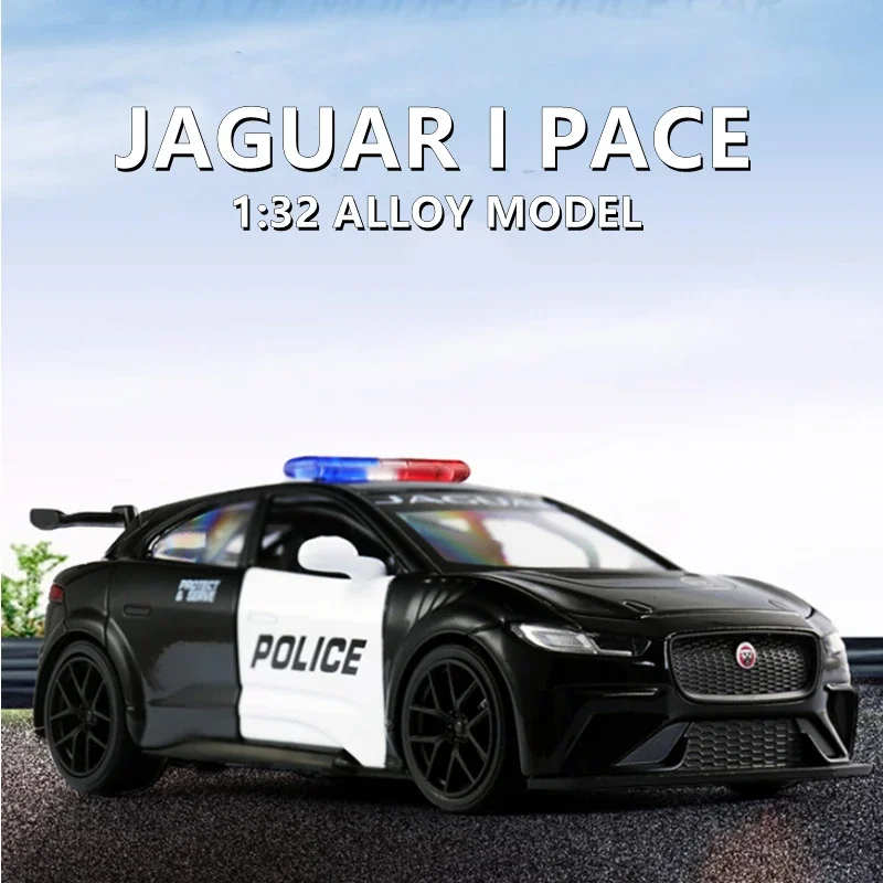 

Модель гоночного автомобиля Jaguar I PACE 1:32 из сплава для полиции, Литые и игрушечные металлические полицейские автомобили, модель со звуком, искусственный подарок