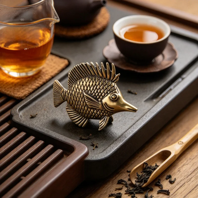 Vintage Handmade Brass Ornamental Fish Tea Pet Antique Copper Ornament Office Study Desk Decoration Craft Collection Gift