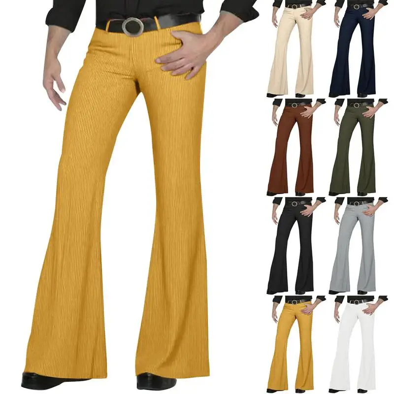 Retro Flared Pants Men's Corduroy Fashion Casual Retro Flare Trousers Low Waist Zipper Closure Straight Leg High Elasticity