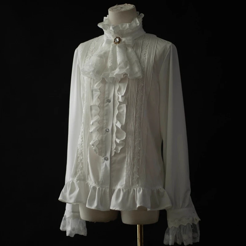 2025 خريف جديد الأبيض لوليتا قميص داخلي نسائي طويل الأكمام تصميم فرنسي الحلو كول الدانتيل مثير الجوف خارج قمصان فضفاضة السيدات